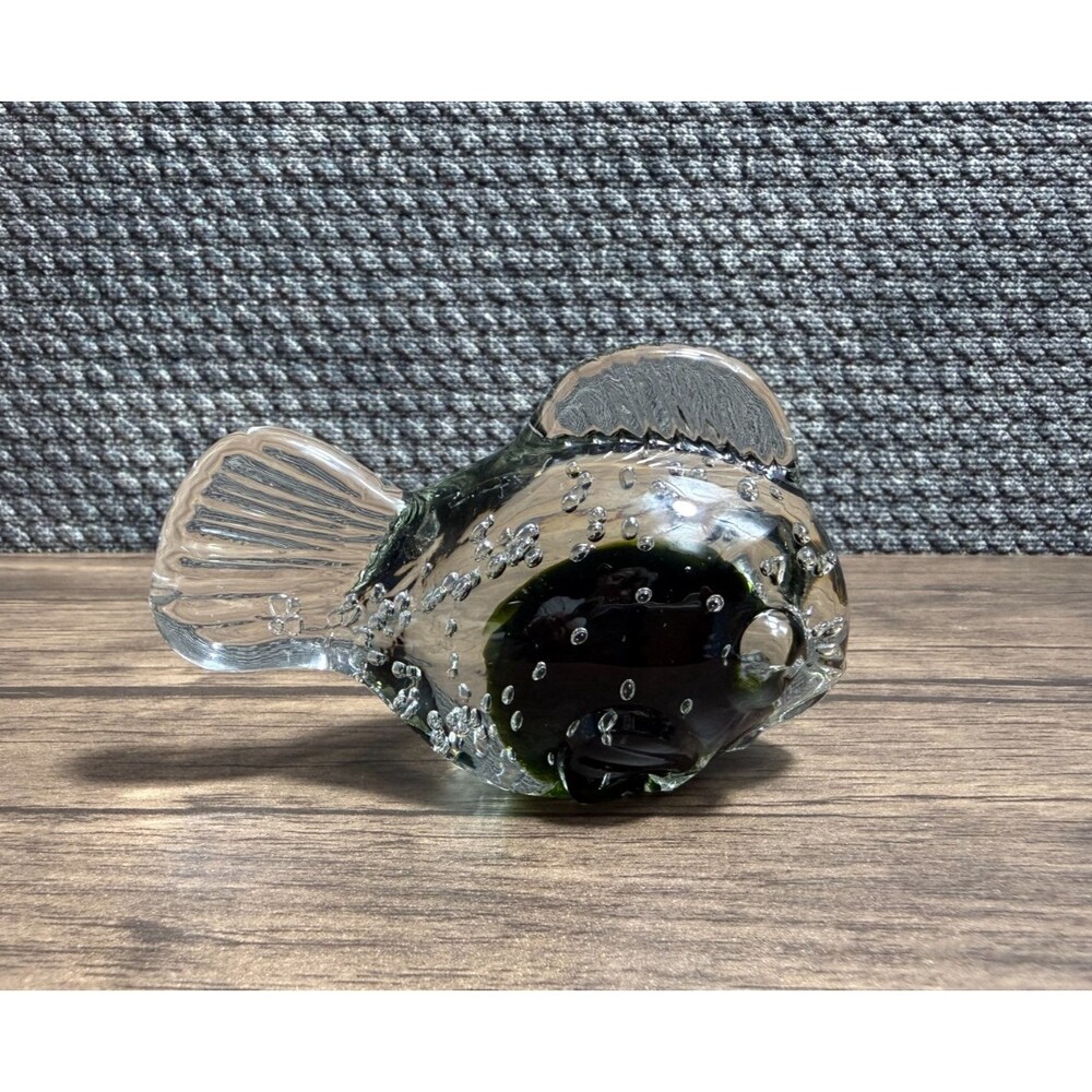 Lefton Controlled Bubble Clear & Green Fish Art Glass Figurine Paperweight